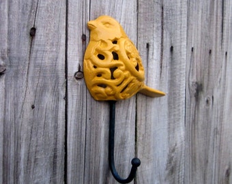 Yellow Bird Hook, Cast Iron Hook, Decorative Wall Hook, Wall Decor, Kitchen Towel Hook, Keys, Entryway, Coat Hook, Filigree Bird