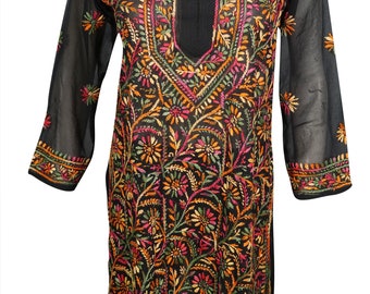 Womens Black Tunic Dress Colorful Embroidered Long Sleeves Cover Up Sheer Dress S/M