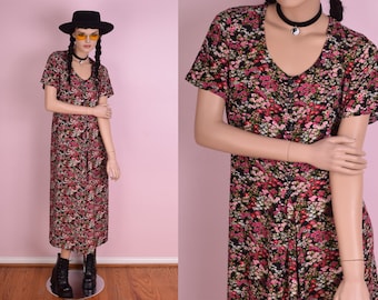 90s Floral Print Maxi Dress/ Medium/ 1990s/ Short Sleeve