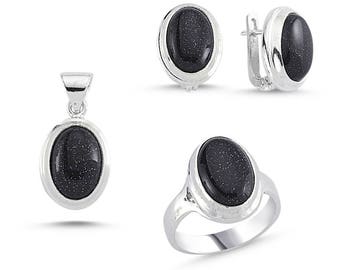 Sterling Silver Hand Made Set with Blue Goldstone: Ring, Earrings and Pendant
