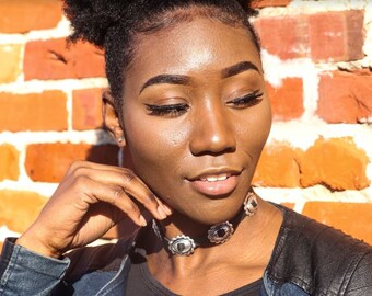 Black Leather Choker with Silver Concho Leather Collar Silver Concho Necklace