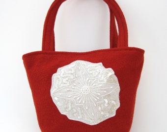 FELTED Red WOOL Purse with Beading / (OOAK) Felted Bag / Tote/ Red Evening Bag from upcycled boiled wool sweater.