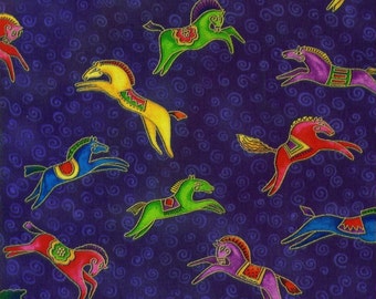 Laurel Burch Dancing Horses Fabric Blue Horses Small 1/2 Yard