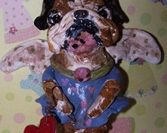 Whimsical Folk Art English Bulldog Dog Angel w Heart