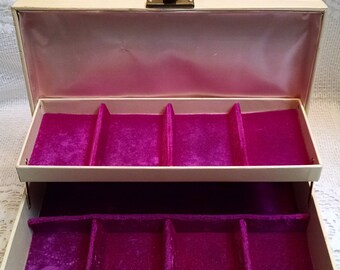 Gorgeous Vintage Jewelry Box Pink Satin Magenta Velvet Interior Two Tiers Sections Beige Gold Trim Exterior Shabby Cottage Chic Treasure Box