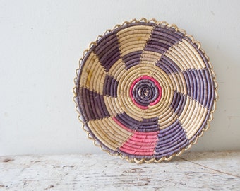 Woven African Vintage Basket Plate - Purple - Wicker Woven Wooden Natural Orange Brown Tan Basket Fruit Basket Container