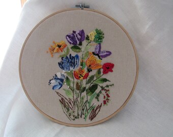 Summer Flowers & Purple Butterfly - Floral Hand Embroidery 10” Hoop Art