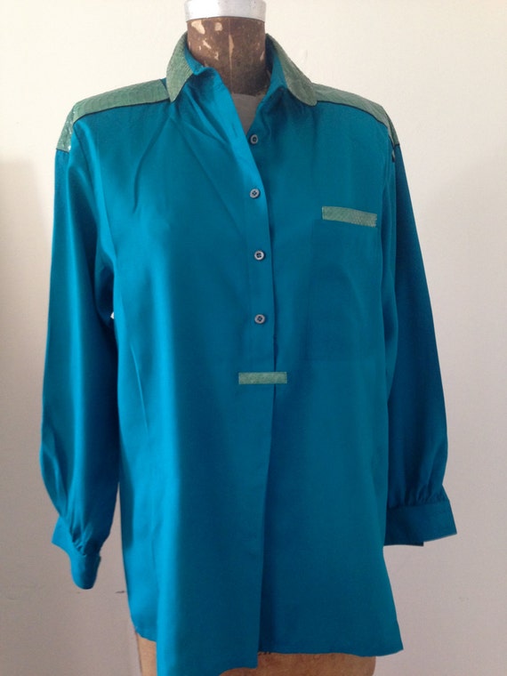 1980s SILK WOOL Blouse Turquoise Blue Green Snakeskin Leather