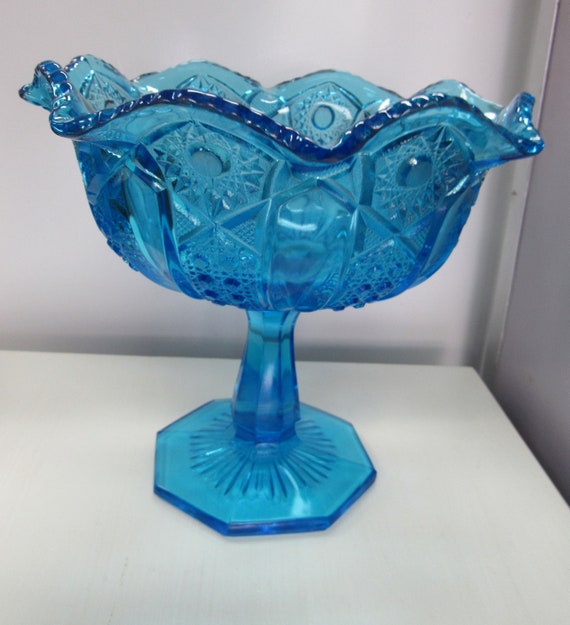Blue carnival glass footed bowl