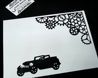 Handmade card, blank card, steampunk card, masculine card, cards for men, cars, paper cut card, vintage car card, card, mens birthday card