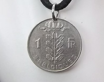 Belgium Coin Necklace, 1 Franc, Coin Pendant, Leather Cord, Men's Necklace, Women's Necklace, 1973