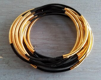 Black and Gold Leather Bangle Set of 8 Stackable Bracelets Tube Bangles Leather Jewelry Boho Chic by LizzieTishBoutique