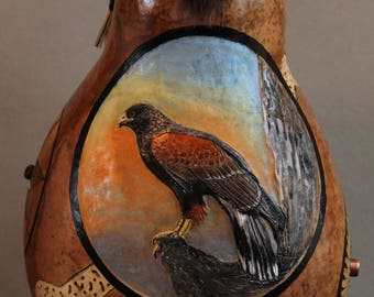 Harris's Hawk carved gourd art with pyrography and pine needle coiling