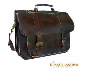 Men Leather MESSENGER BAG - 15 inch LAPTOP Bag from 100% Full Grain Leather in Brown color