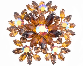 Brown Floral Rhinestone Brooch