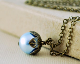 Light Blue Pearl Necklace Swarovski Simple Woodland Wedding Bronze Antiqued Brass Jewelry