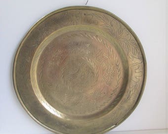 Vintage Large Etched brass tray / Heavy 16" diameter solid brass round tray with Asian design