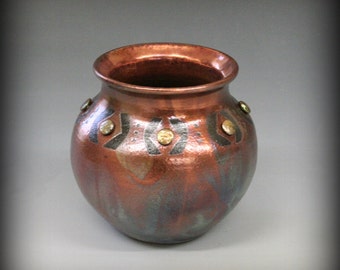 Raku Pot with Pearl Beads in Metallic Iridescent Colors