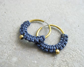 Small Brass Hoops Blue Fiber Earrings Jewelry . Micro Macrame . Modern Fiber Textile Jewelry . Design by .. raïz ..