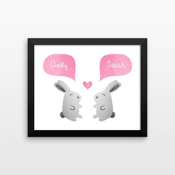 BUNNY Couple Personalized Art Print, Anniversary, Engagement Gift, Wedding Gift, Valentines Gift, Rabbit Couple Gift, Animal Couple Wall Art