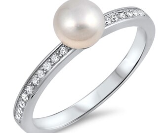 Women 6mm 925 Sterling Silver Freshwater Cultured Pearl CZ Ladies Ring Band(SNRC106069)