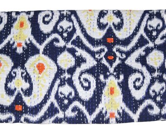 Indian Kantha Throw Handmade kantha Double Bedcover Kantha Quilt Queen Size Blanket Bedding Bedspread Blue Color Ikat Printed