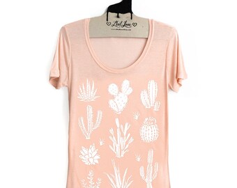 Small- Light Peach Scoop Neck Slub Tee with Cactus Screen Print
