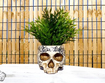 Skull, skull, skull head, vanity, Mary Poppins flower pot planter