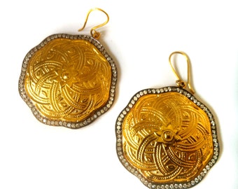 Gold Earrings,chandelier,Turkish medallions,22K Gold plated,Pave setting,Dangle Jewelry by Taneesi