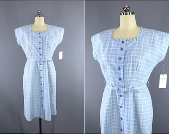 Vintage 1950s Dress / 50s Smart Setter Day Dress / Sky Blue Plaid Checkered Cotton Dress