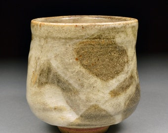 Unique Handmade Smokey Stoneware Yunomi Tea Cup glazed Carbon Trap Shino and White Shino