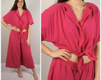 Pink Gauze jumpsuit 80s Vintage Midriff Baring Short Sleeve summer onesie coveralls loose oversize Large