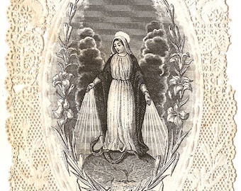 Miraculous Virgin Mary Engraving Antique French Paper Lace Holy Prayer Card, Catholic, Our Lady of Grace, Blessed Mother