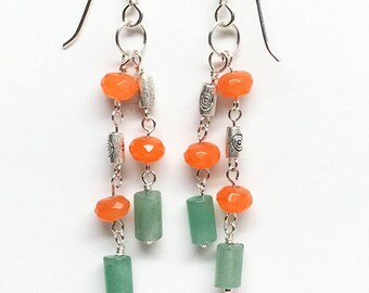 Green and Orange Earrings, Orange & Green Dangle Earrings, Green Aventurine and Orange Agate Earrings