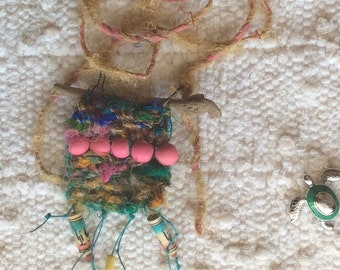 Quipa / Mini woven necklace / Woven necklace / Fiber jewlery / Mini tapestry necklace / Beaded necklace