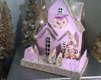 Putz Glitter House Orchid with Santa's Elf & bottlebrush trees