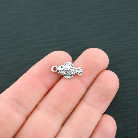 10 Fish Charms Antique Silver Tone 2 Sided Charm SC4493