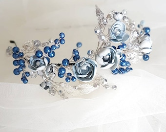 Silver Tiara with blue Flowers and Pearls, Silver Crown, Silver Wedding Tiara, Silver Bridal Tiara, Pearl Tiara