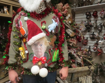 Made to order limited edition Hysterically Funny Santa Trump Tacky Ugly Christmas Sweater Light UP Merry X-mas Feliz Navidad Faux Fur Hair