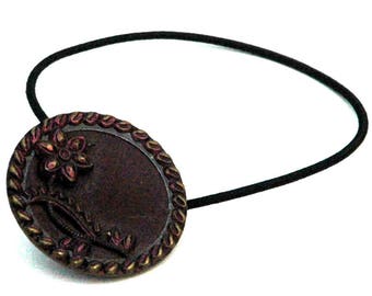 Flower Ponytail Holder, Metal Vintage Button, Dark Copper Tinted Metal Color, Decorative Hair Elastics, Elastci Hair Tie, Hair Accessory