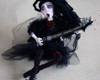 Gothic Art Doll Lady With Guitar/ OOAK Art Doll/ Horror Doll/ OOAK Handmade Doll/ Unique Art Doll/ Halloween Gift Black Doll/ Art Figurine