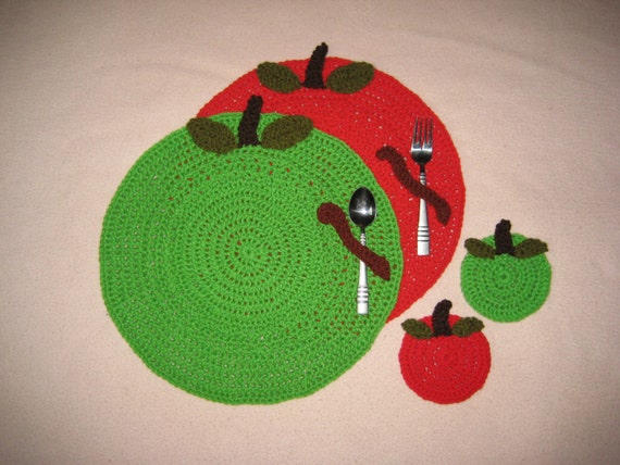 Crochet PATTERN - Apple Placemat and Coaster Set; Crochet Apple ... Crochet PATTERN - Apple Placemat and Coaster Set; Crochet Apple ...