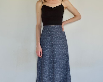 70's Prairie maxi skirt cotton blue and white bird print with red rick rack