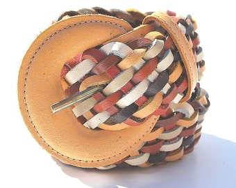 Vintage Yellow White Braided Woven Leather Hippie Belt By Capezio Adjustable