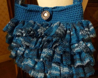 crochet blue filigree ruffles pleated shoulder bag