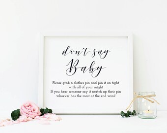 Don't Say Baby Game, Clothes Pin Game, Black Baby Shower, Diaper Pin Game, Calligraphy Baby Shower, Printable, Instant Download - BW2