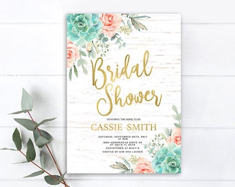 Succulent Bridal Shower Invitation, floral cactus bridal shower, boho bridal shower invitation, peach color roses,rustic bridal shower