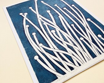 linocut - SPROUTS // 12x16 art print // printmaking // block print // blue // nature art // seedlings // fungi // original // large print