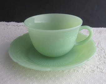 Fire King Alice Pattern Jadeite Cup and Saucer Set 1940's Vintage - Anchor Hocking Glass