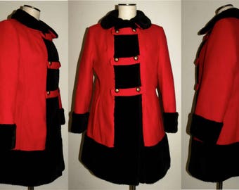 1960's 60s MOD Princess Coat / RED Wool Russian Princess / Black FAUX Fur trim